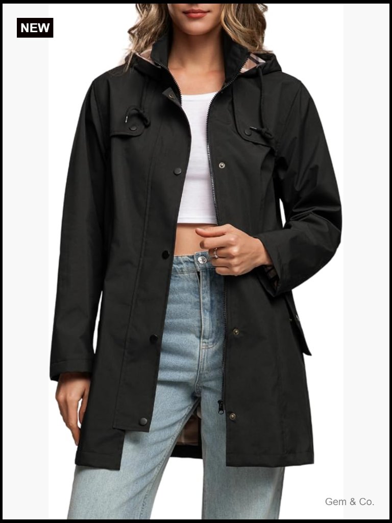 Waterproof Rain Jacket Lightweight Hooded Mid-Length Coat